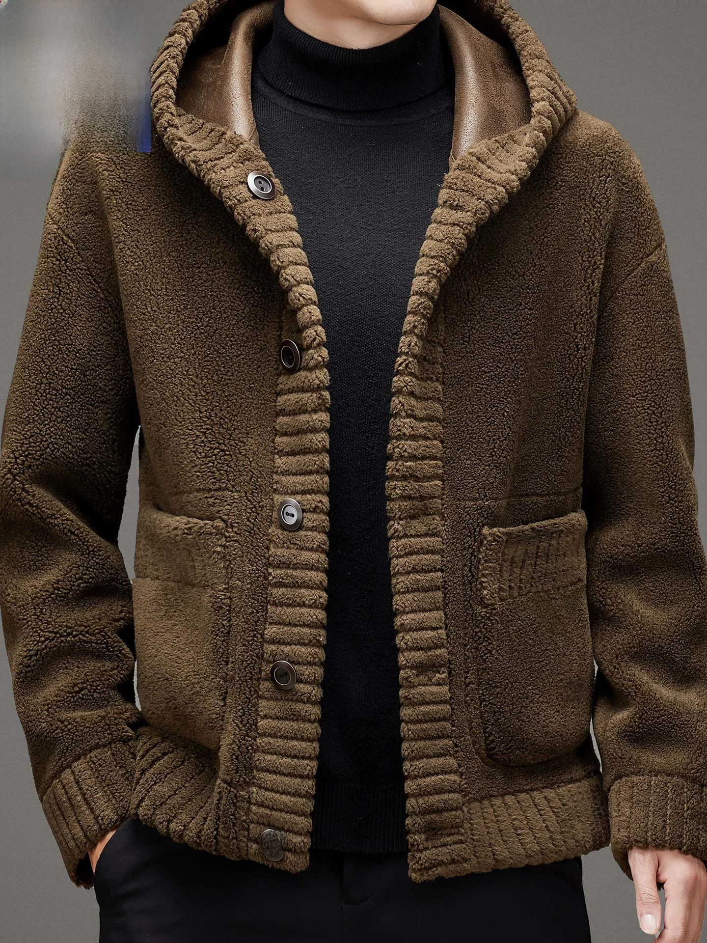 

Мужская двусторонняя кожаная куртка с мехом, зимнее теплое шерстяное пальто с капюшоном, утепленное овечьим мехом, повседневное пальто приталенного кроя