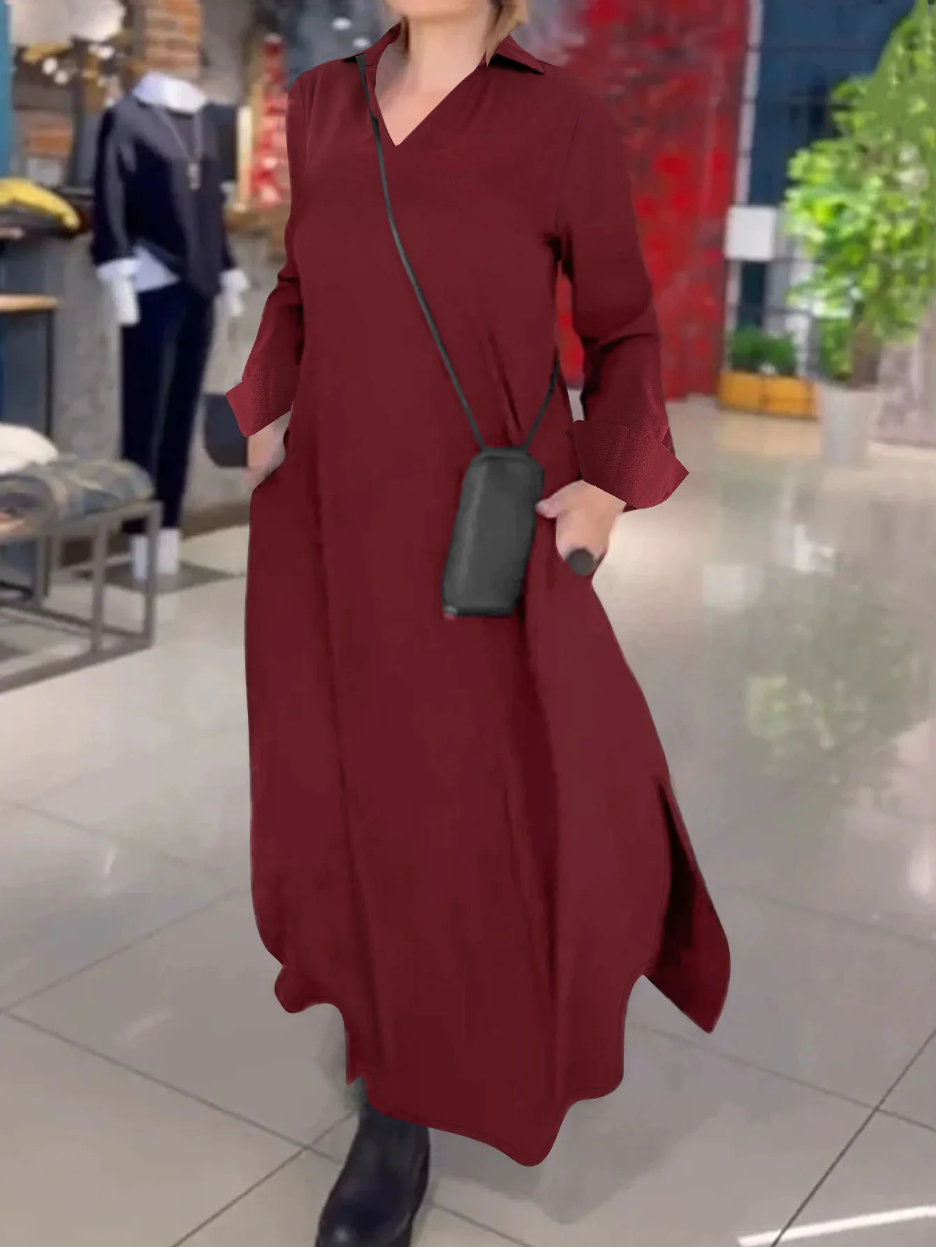 فستان ماكسي أوروبي وأمريكي عبر الحدود وبسيط وأنيق بلون سادة وياقة بولو للخريف والشتاء بأكمام طويلة على شكل حرف V #5