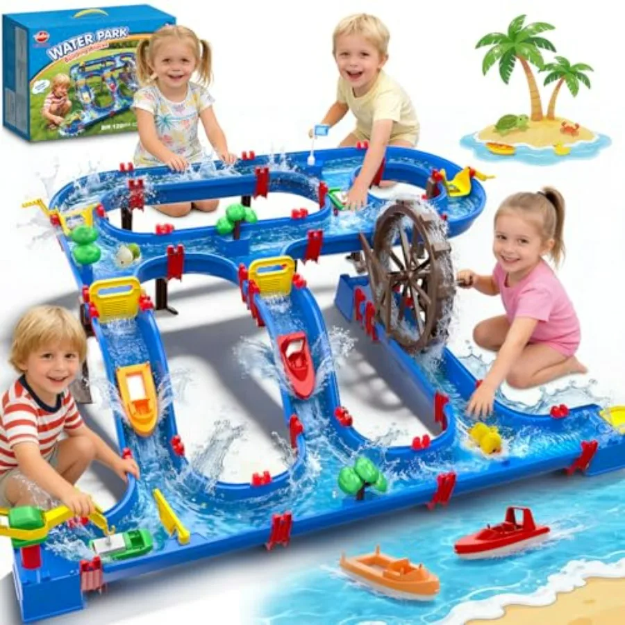 Outdoor water playset for kids 4-6 years: double-tier watermill toy with 120 pcs DIY water table accessories, plastic material,