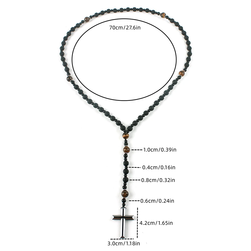 Cool Black Lava Stone Tiger-eye Beads Cross Pendant Long Necklace for Men and Women Rosary