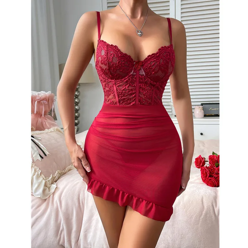 

Ladies' sexy lingerie set, solid color mesh lace patchwork underskirt lingerie set, ruffle edge skirt dress, erotic clothing