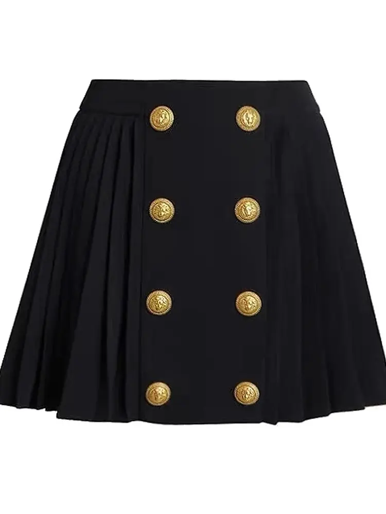 HIGH STREET 2024 Newest Fashion Stylish Designer Women Metal Lion Button Double Breasted High Waisted Pleated Mini Skirt