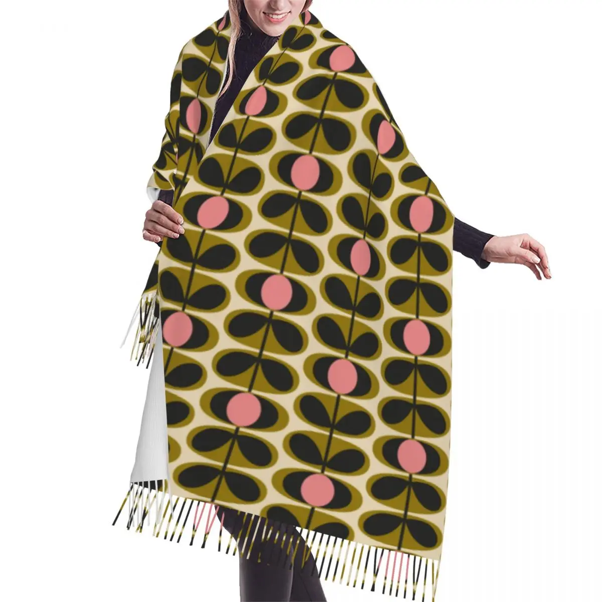 Custom Lady Large Print Oval Flower Stem Olive Orla Kiely Scarves Women Winter Soft Warm Tassel Shawl Wraps Scarf