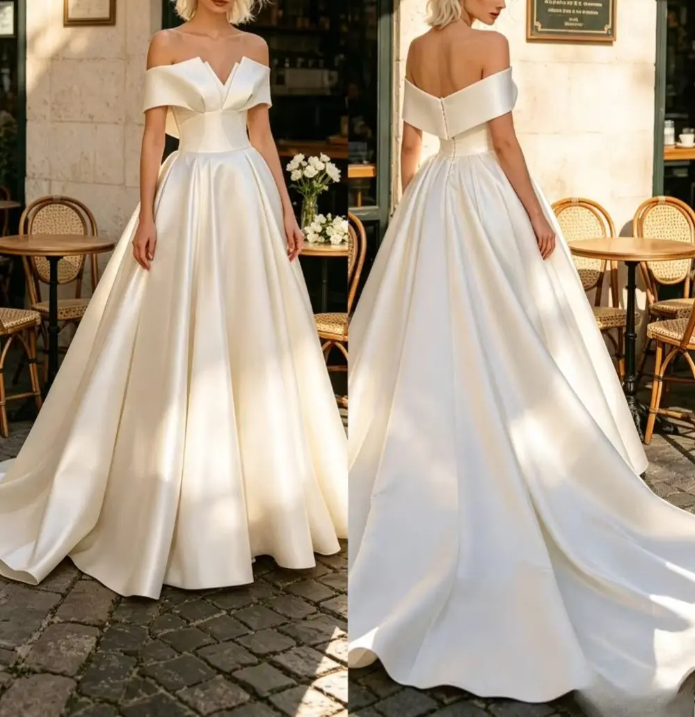 Customized Satin Off Shoulder A-line Wedding Dress 2026 Elegant V-neck Ruffled Fluffy Bridal Gown Zipper Suitable for Parties