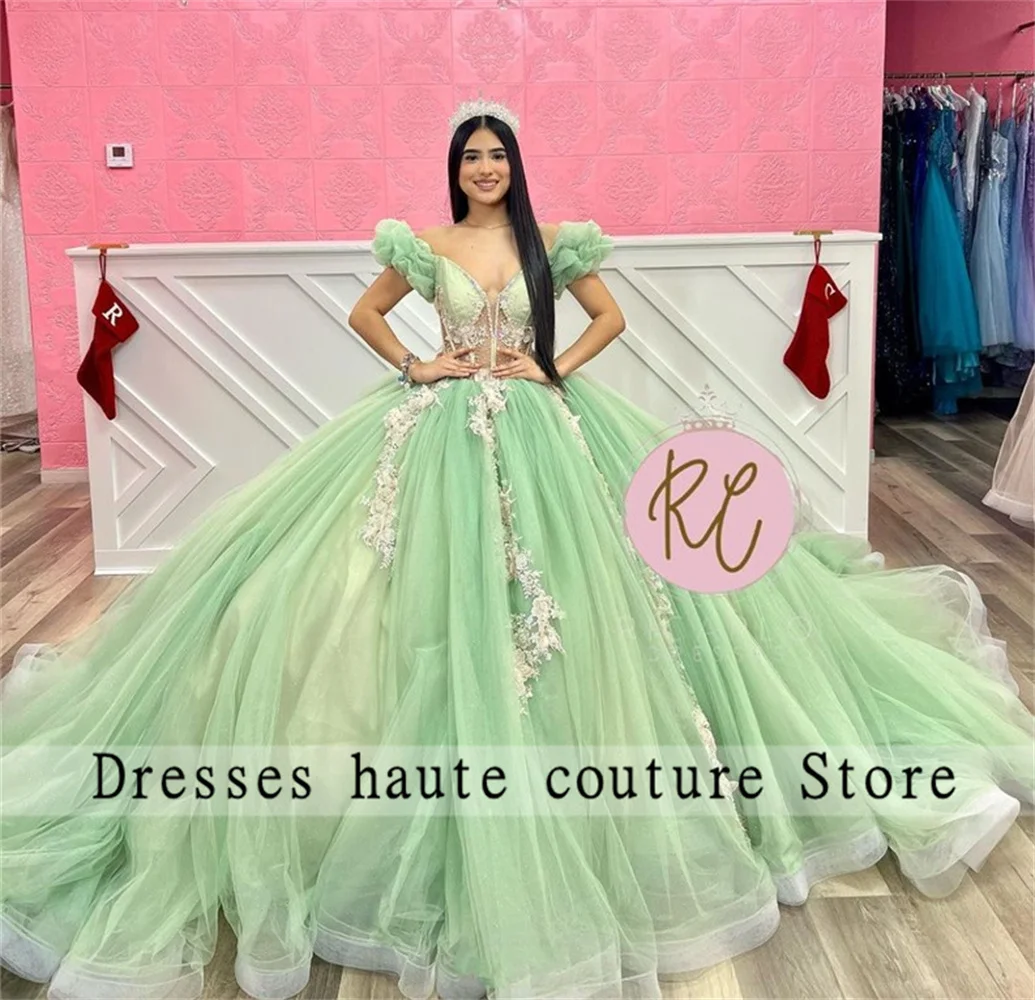 Gaun Mint hijau Tulle Quinceanera 2024 gaun bola applique renda manik-manik mewah manis 16 gaun Vestidos De 15 quincea20era