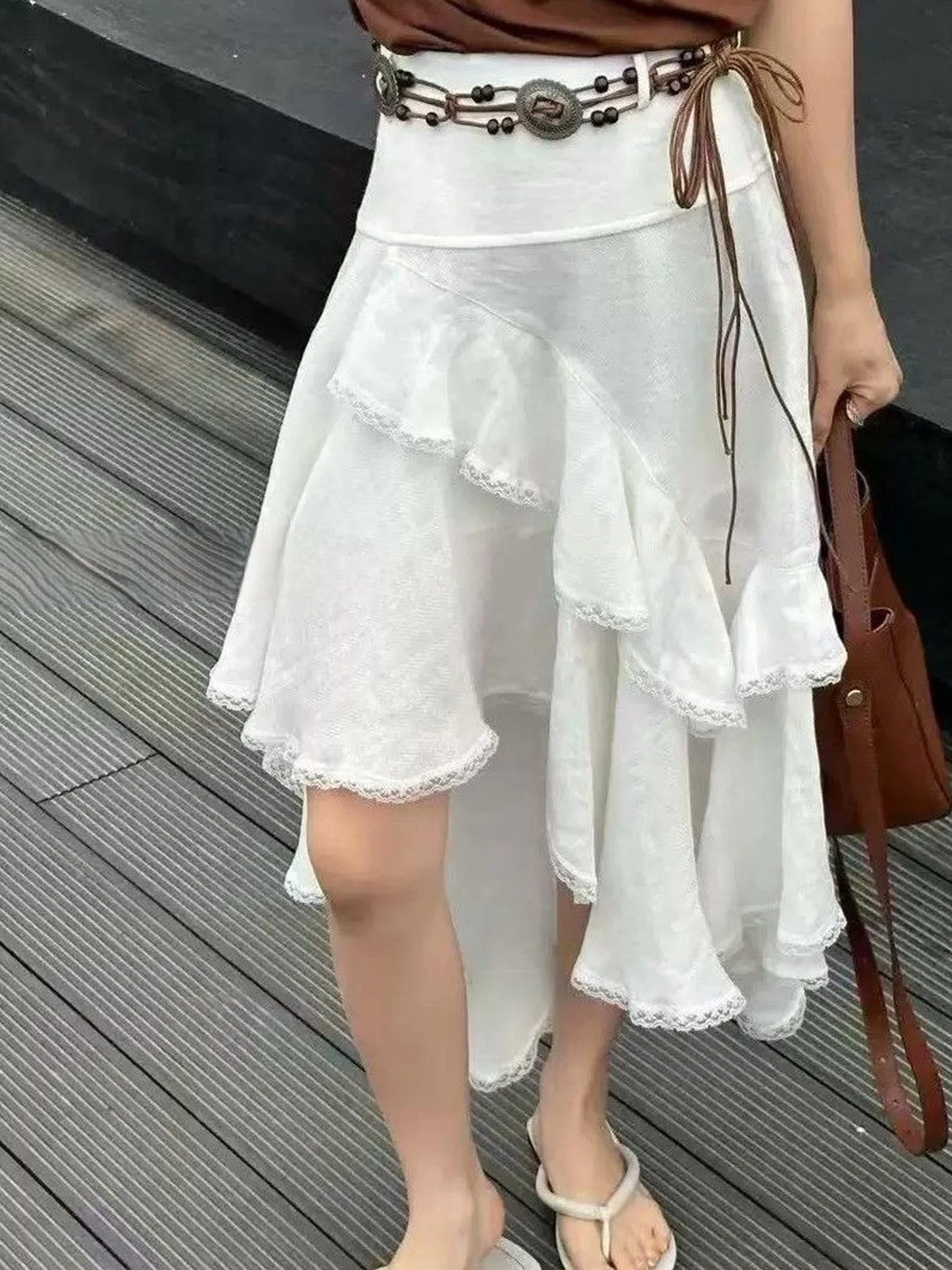 High Waist Half Body Skirt Irregular Lace Trim Women's Style 2026 Autumn New Korean Style Standard Fit A-Line Skirt