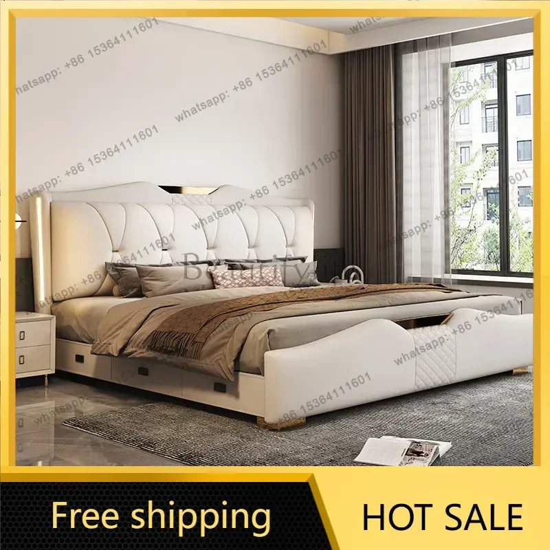 FG Double Bed 2 People 150x200cm 180x200cm 200x220cm Furniture Luxury Leather Bedroom Beds And Bed Frames Modern Simple Storage