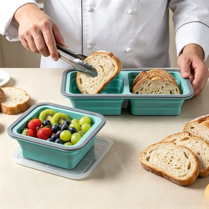 Zusammenklappbarer Silikon-Lebensmittelbehälter mit Fächern, tragbare, versiegelte Bento-Box, mikrowellengeeigneter Kühlschrank-Organizer mit Deckel