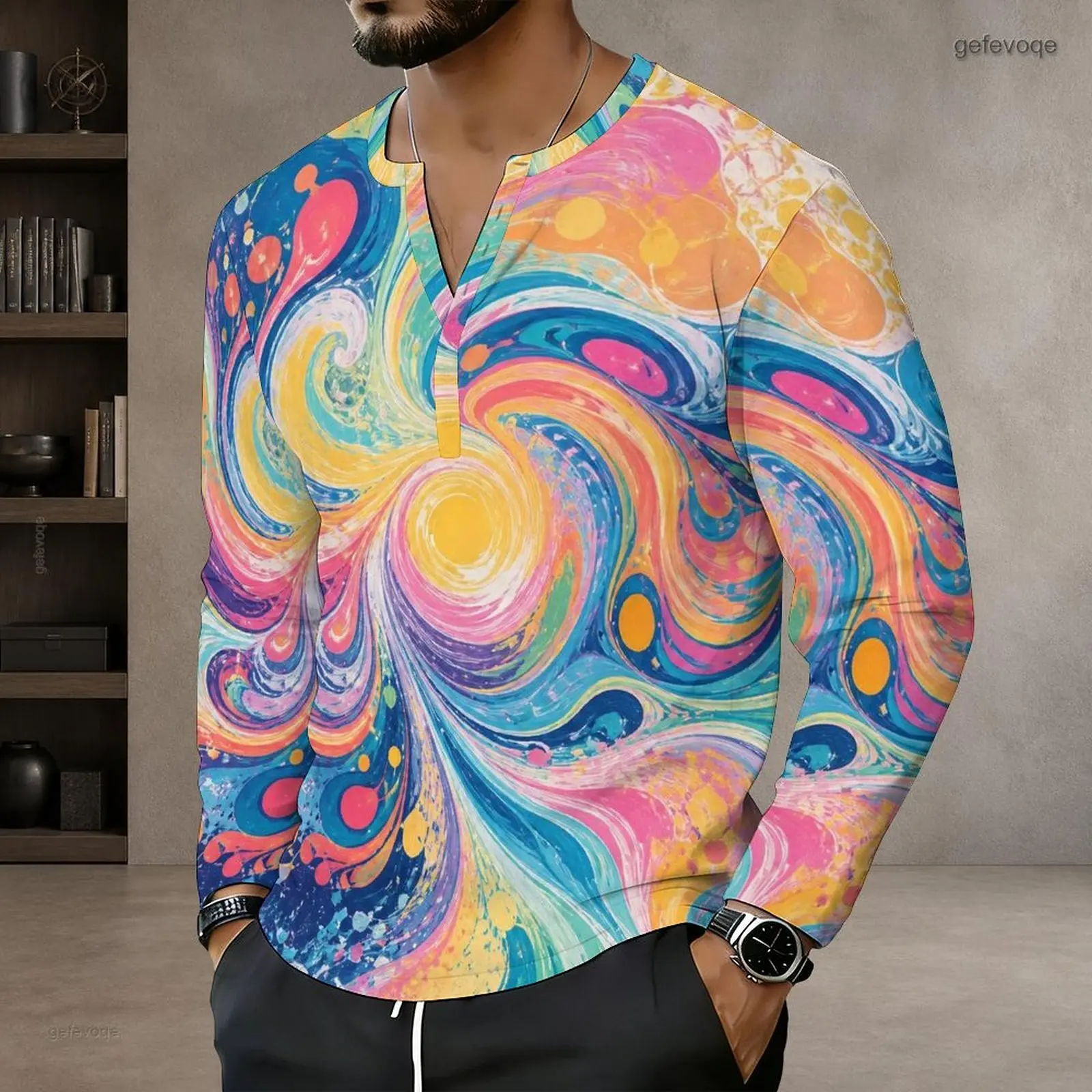 Notch Neck Long Sleeve Pullover Straight Hem Printed Top for Men