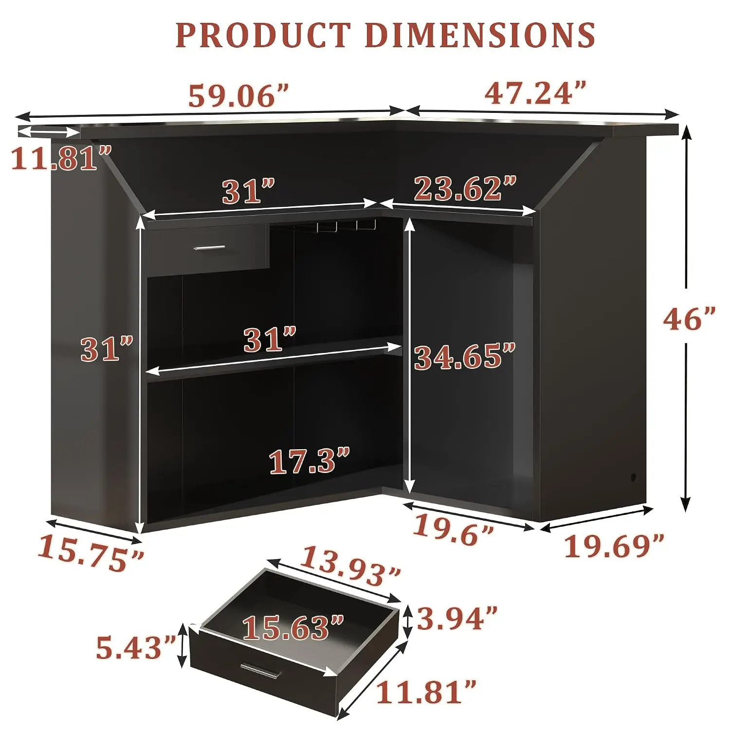 L-Shaped Bar Unit With Fridge Space & Power Outlet, 4-Tier Storage Table, Customized
