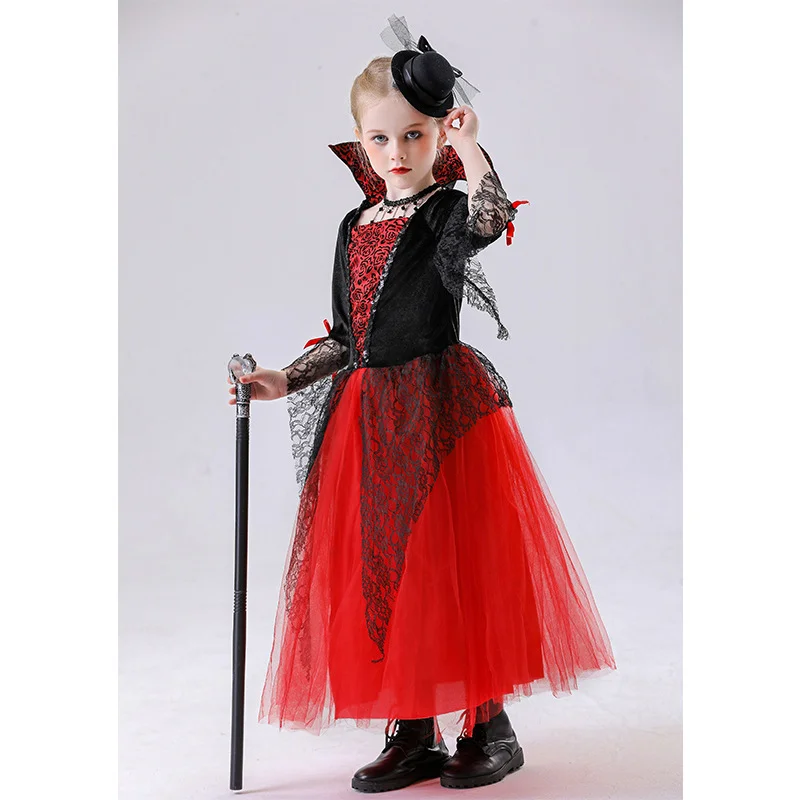 Mädchen-Vampir-Königin-Kostüm-Set Schwarzes Rotes Spitzenkleid mit Stehkragen, Rosenschleier, Fächer und Schmuck für Halloween, Karneval, Cosplay – Detail 8