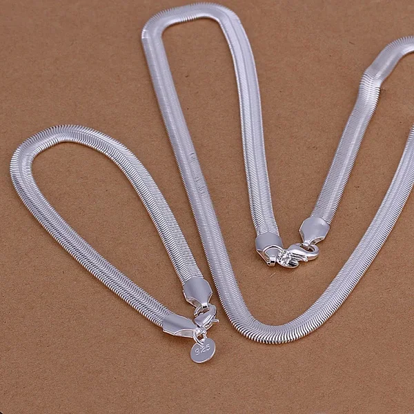 High-quality 6MM Flat Soft Snake Chain Fashion Silver Color Women Mens Wedding Necklace Bracelets Jewelry Set With