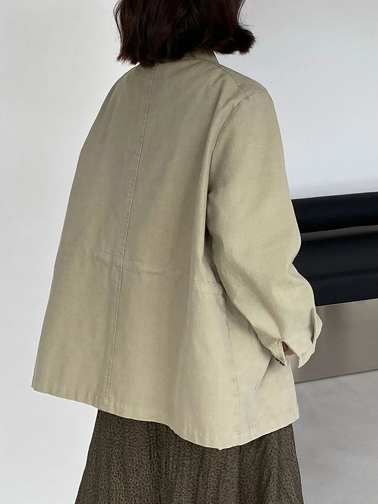 Women Khaki Green Embroidery Big Size Trench New Stand Collar Long Sleeve Windbreaker Fashion Spring Autumn