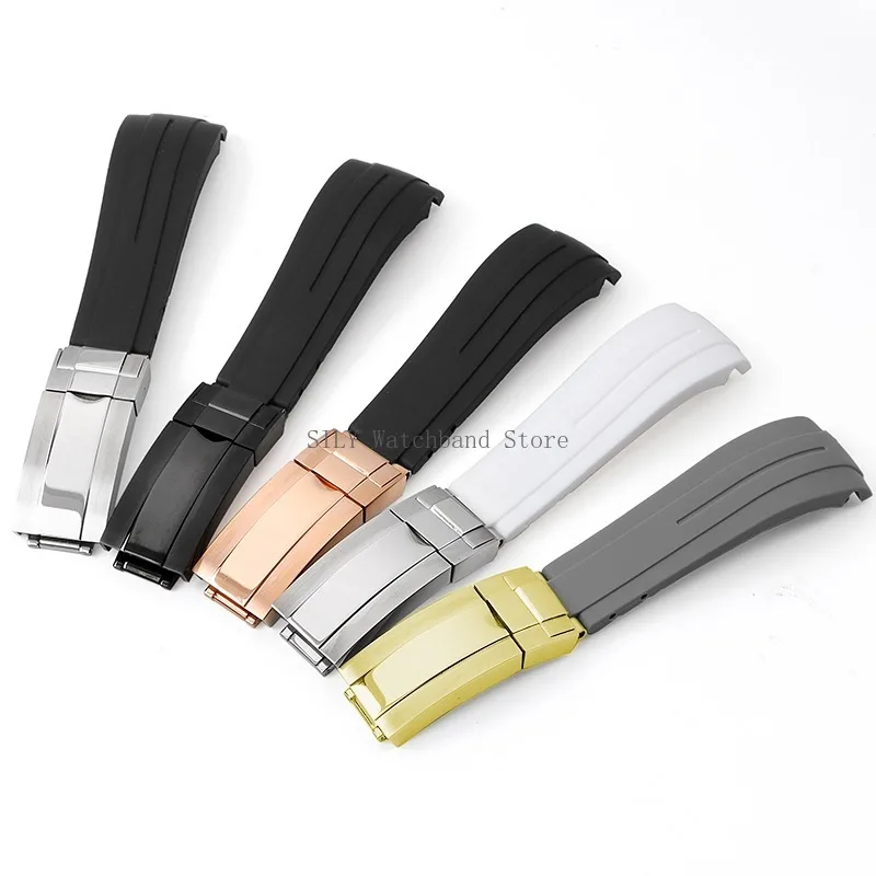 20mm Curved Rubber Watchband Men Women Silicone Watch Straps Waterproof Wristband for Rolex Water Ghost Folding Buckle Bracelets