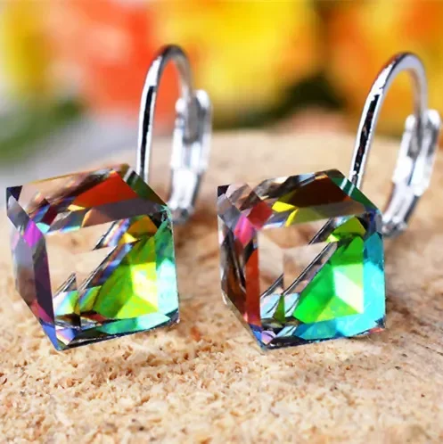 Rubik\'s Cube Colorful Crystal Earrings Korean Ear Buckles for Women