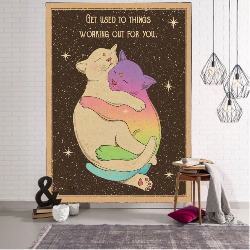VIKAMA Bohemian Style Cat and Lion Tapestry Retro Inspirational Quotes Art Wall Hanging Bedroom Living Room Home Decoration