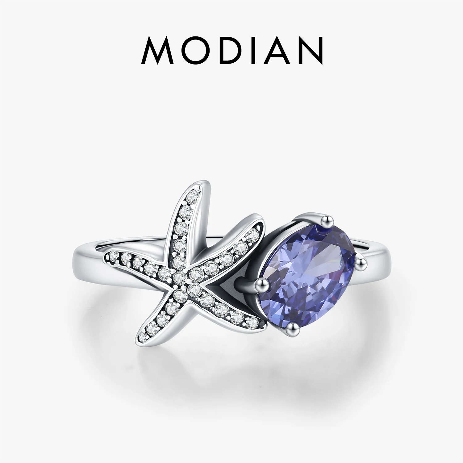 Anillo MODIAN de Plata de Ley 925 con Circonita Cúbica Ovalada de Color Tanzano, Joyería Vintage con Diseño de Estrella de Mar para Mujer, Anillo de Plata para Regalo