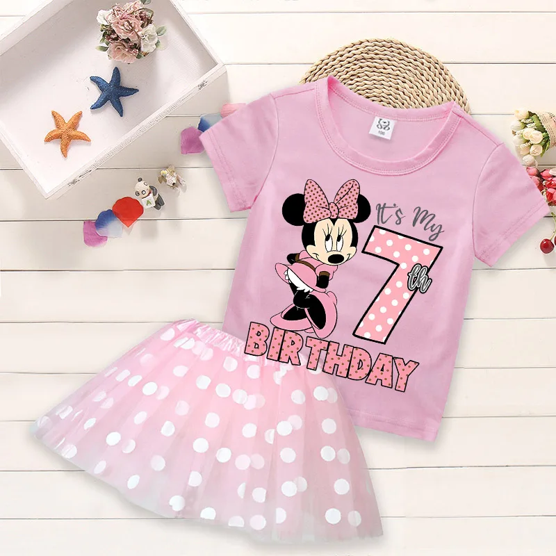 T-shirt con numeri di compleanno di Minnie Mouse + gonna corta Set di vestiti per ragazza Disney Anime Figure manica corta + gonna in filato T-shirt abito Kawaii