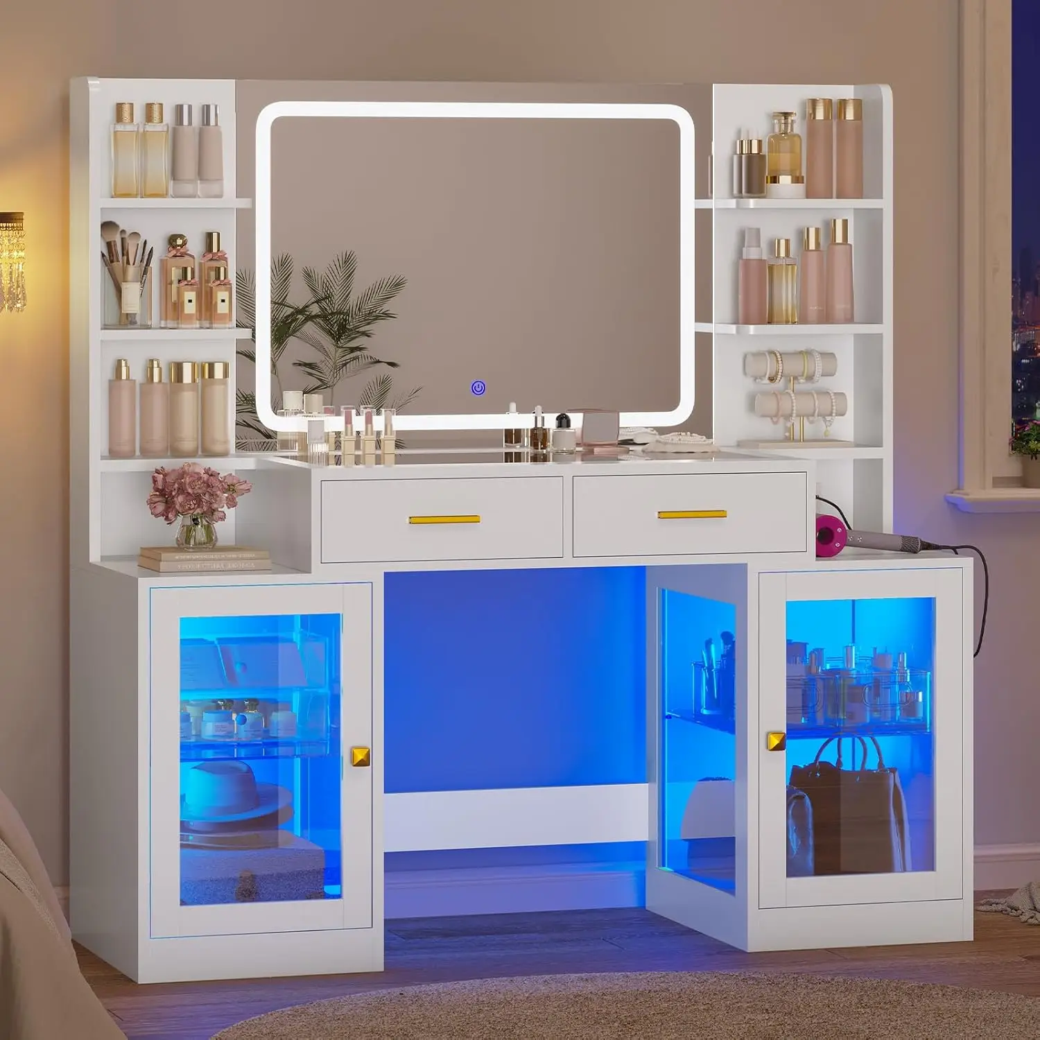 

Makeup Vanity with Mirror & Lights, RGB Cabinets, Vanity Desk with 2 Glass Top Drawers & Power Outlet, for Teen Girls, Women