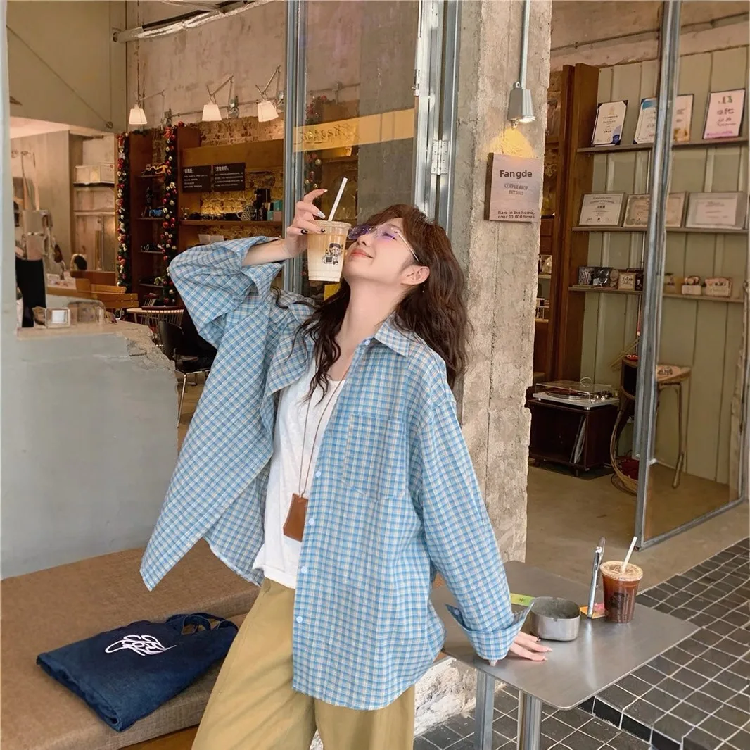 

Уникальный винтажный синий клетчатый кардиган с длинными рукавами для женщин, новая весенняя свободная верхняя одежда в корейском стиле для повседневной носки