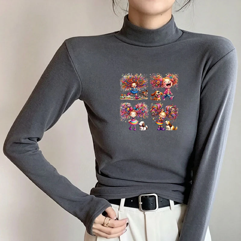 Winter Women's Thermal Brushed Fleece Half Mock Neck Long Sleeve T Shirt Rainbow Hair Girls Dogs Walking Graphic Warm Tee