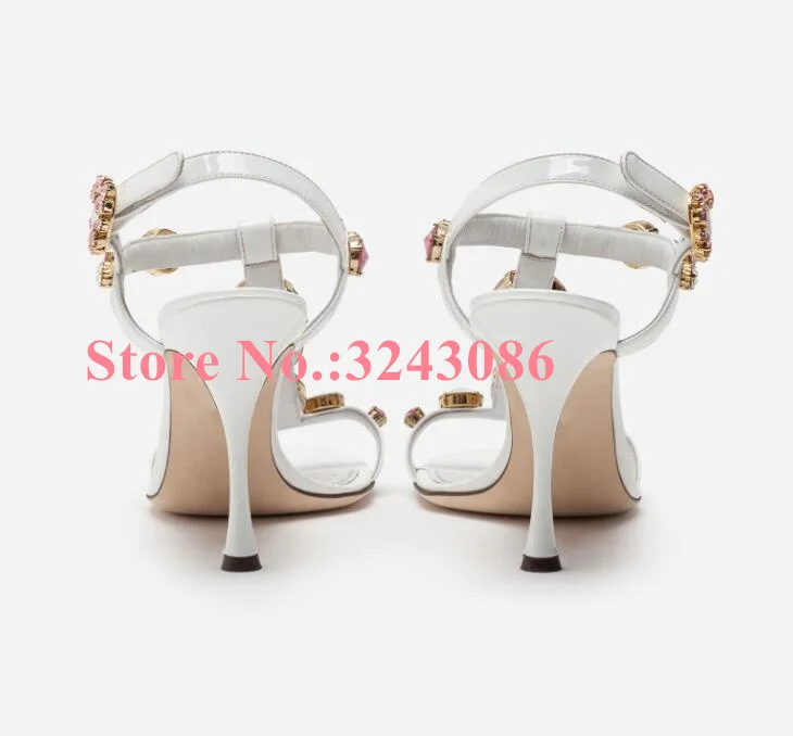 New Leather Crystal Sandals Fashion Lady T-Strap Thin Heel Jewel Decor Pumps Shoes Sexy Woman Beach Sandals Banquest High Heels