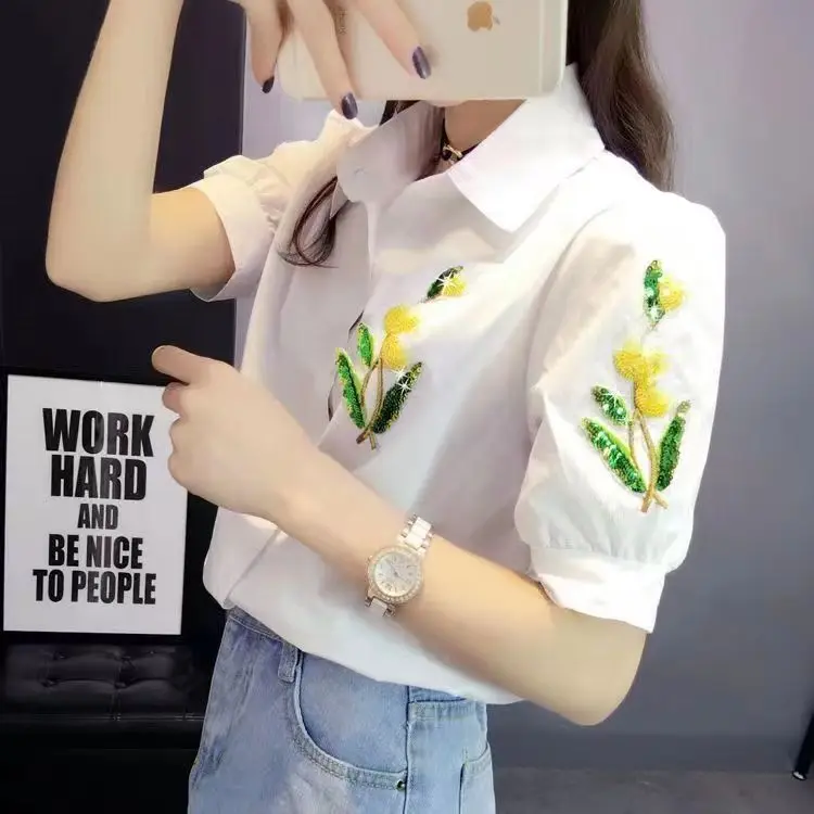 Top de algodón bordado irt para mujer, Top holgado y ajustado, novedad de verano, versión coreana Sle, Top con cuello Sve de cinco cuartos