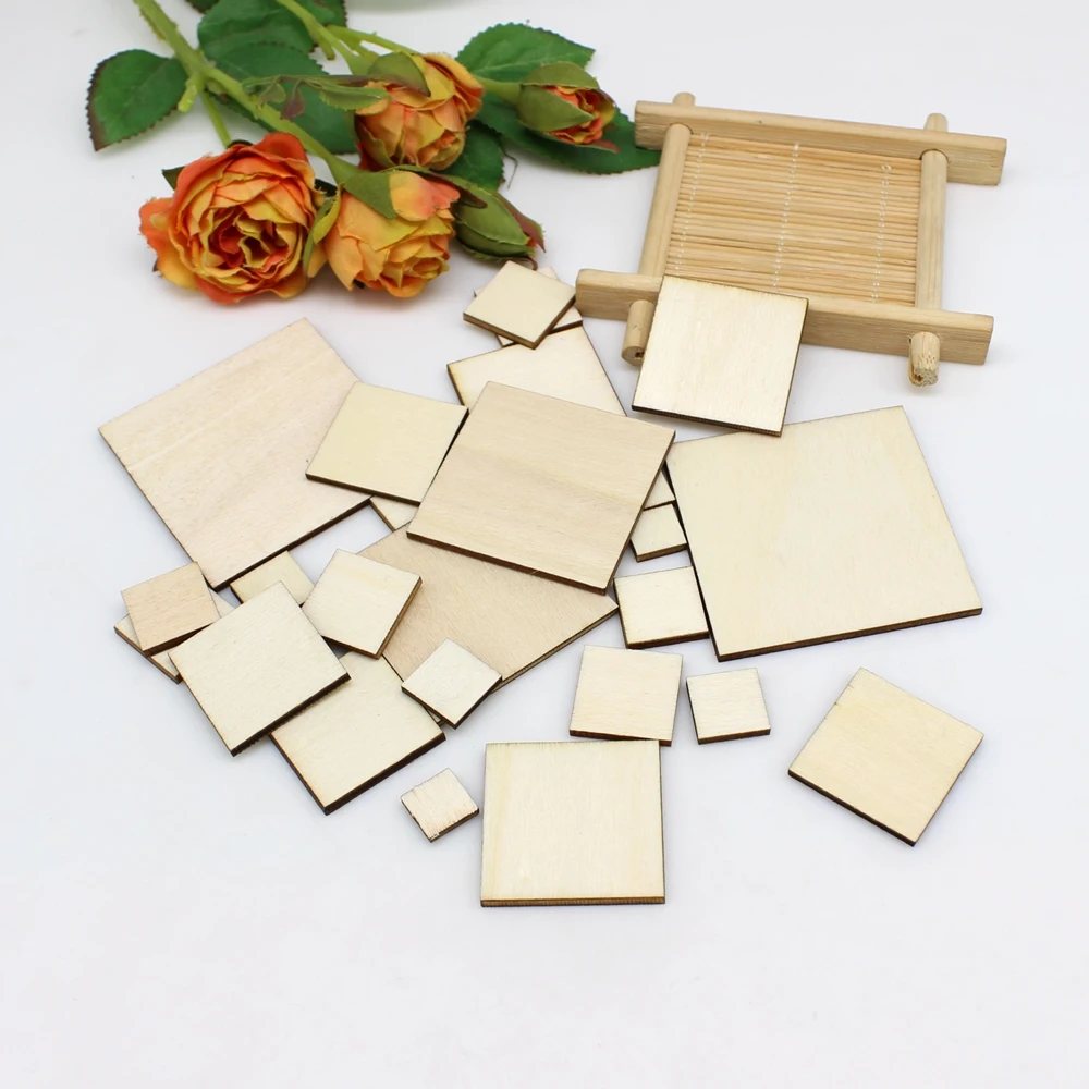 15/100pcs 10-50mm Unfinished squares Wood Sheet DIY Printed Blank Wooden Plate Model Slices Supplies Scrapbook Decorative Craft