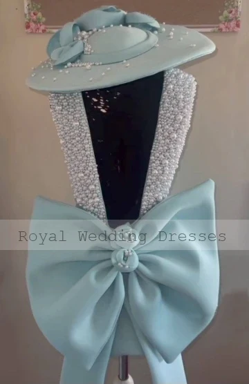 Custom Made Cocktail Dress with Gloves Pearls V Neck Big Bow Sheath Satin Mini Party Gowns for Women