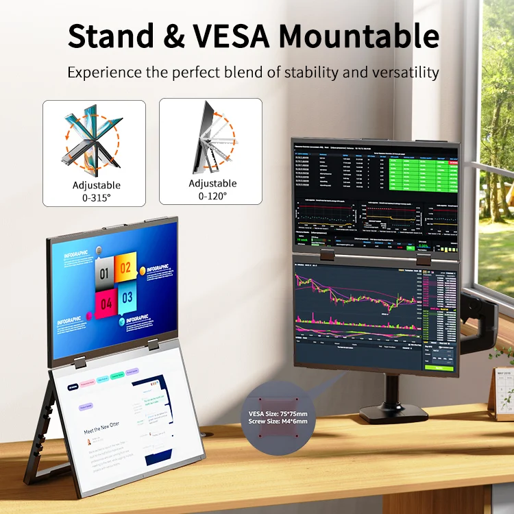 15.6 Inch IPS Double Screen Portable Monitor for Business for Stock Trading with Type-C Sub-Screen Dual Portable Monitor