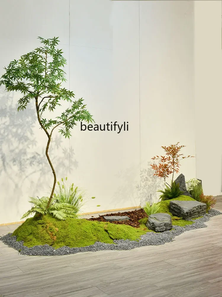 Simulation green plant single pole maple stone combination landscape landscaping indoor stairs tea room decoration