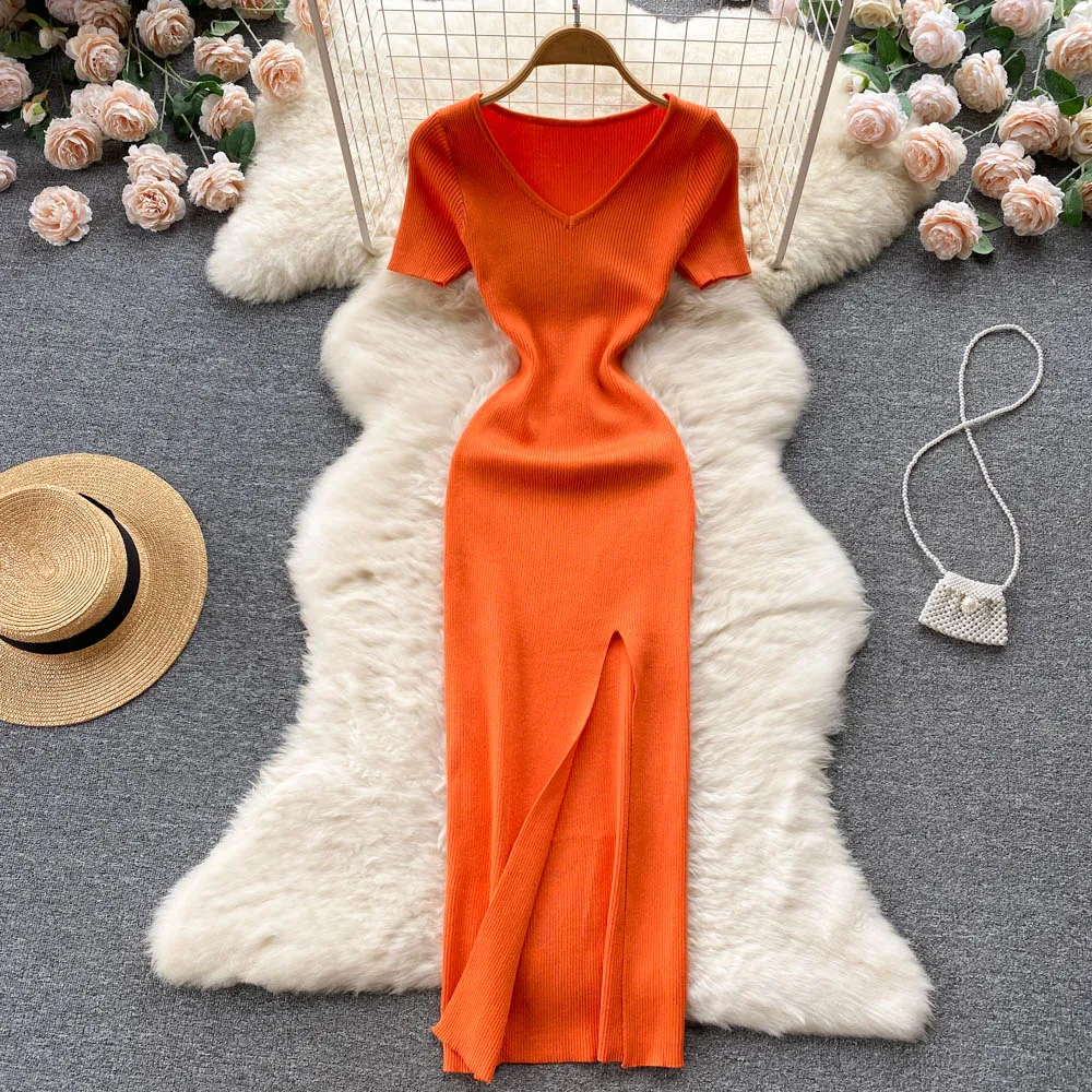 Sexy Elastic Knit Split Bodycon Dress Short Sleeve V Neck Women Elegant Korean Fashion Vestidos Summer Slim Wrap Pencil Dress