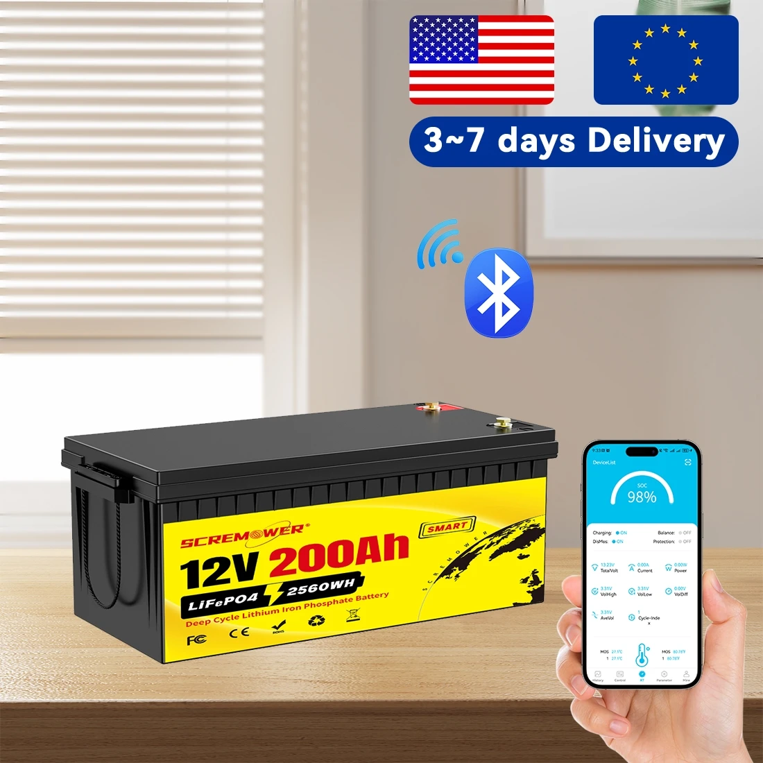 1Pack 12V 200Ah LiFePO4 Lithium Battery With Bluetooth Built in Smart BMS Deep Cycles Battery For RV Trolling Motor Camping