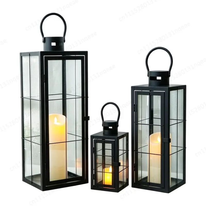 Large Floor-to-ceiling Lanterns European Wedding Decoration Metal Tempered Glass Candlestick Indoor and Outdoor