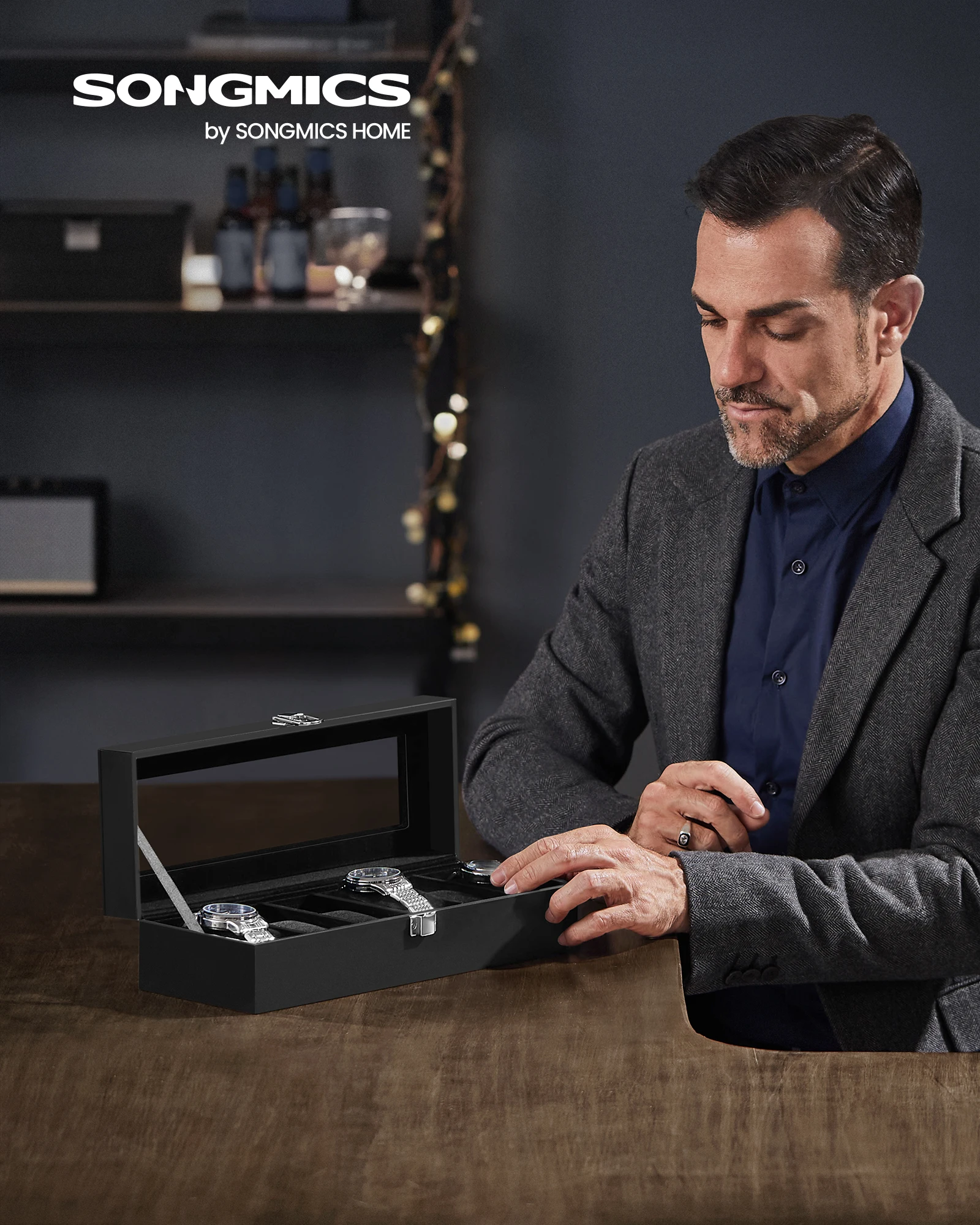 SONGMICS Porta Orologi a 6 Posti, Scatola Portaorologi, Coperchio in Vetro, Cuscini Rimovibili, Chiusura in Metallo, Idea Regalo, Superficie in PU Nera, Interno Nero /Interno Rosso Bordeaux