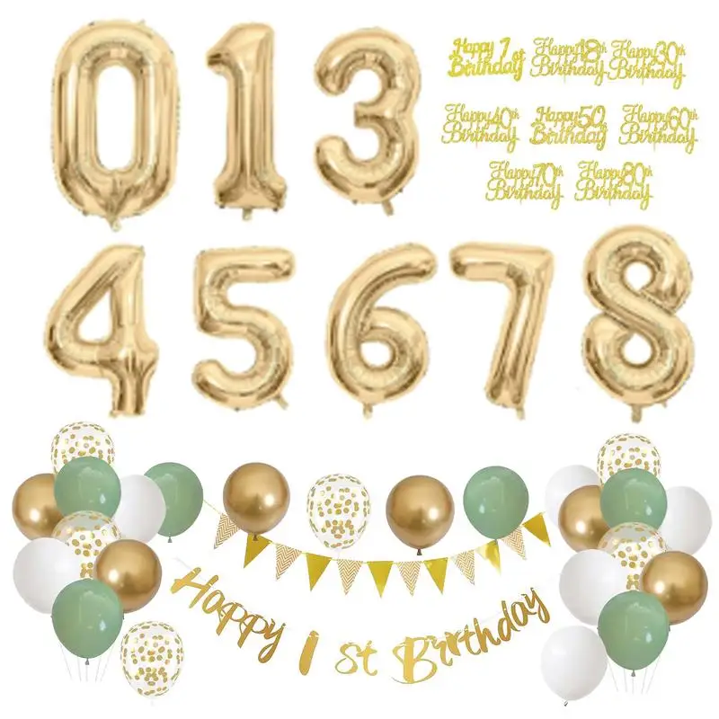 28 Pcs Birthday Decoration Set Foil Balloon Green Gold White Birthday Decorations Happy Birthday Banner, Balloons, Pennants kit