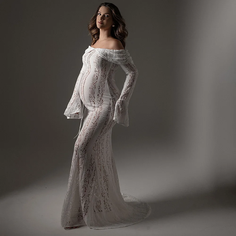

Hollow Out Elastic Off Shoulder Flared Sleeve Dress Baby Shower Dress Photography For Pregnant Women Lace Maternity Dress