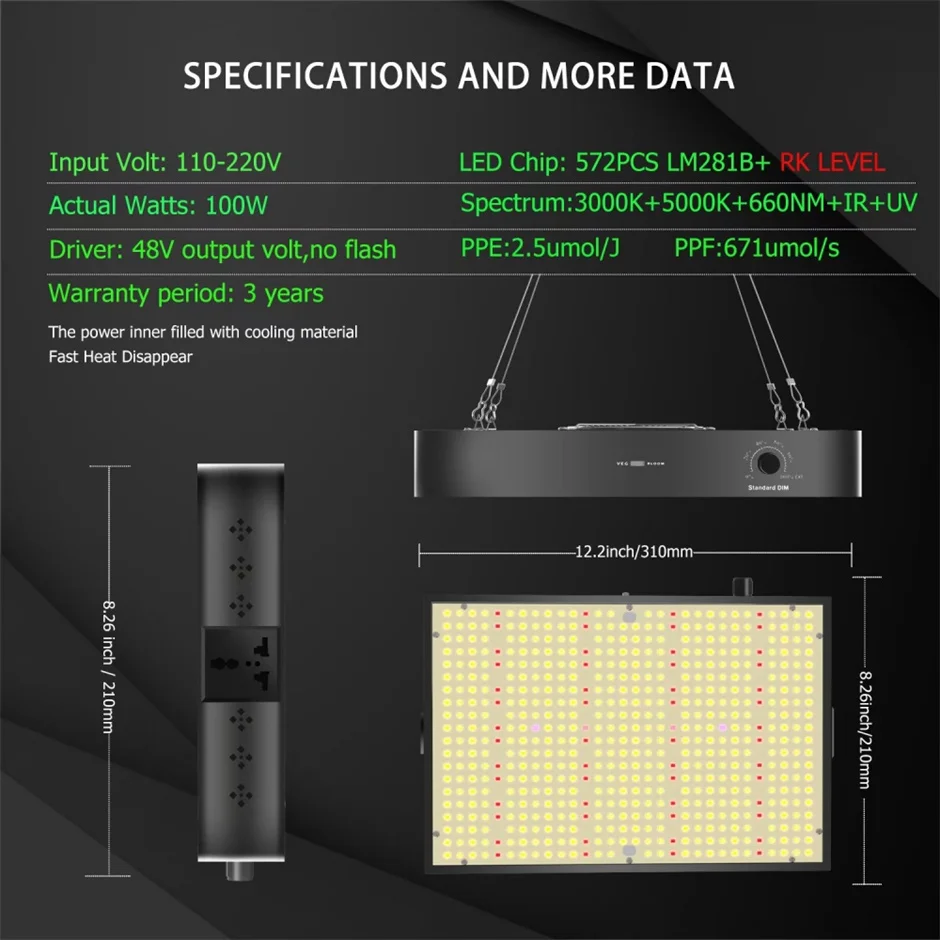 Imagem -05 - Qkwin-full Spectrum Led Grow Light Chip 572 Pcs Samsung Leds Construído com 26db Fãs 200w