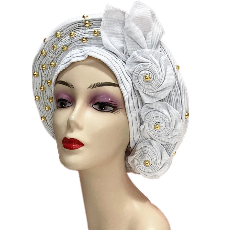 Nigerian Already Made Gele Headtie Gold Aso Oke Gele With Gold Beads Auto Gele Aso Ebi Headtie African Turban Cap For Women