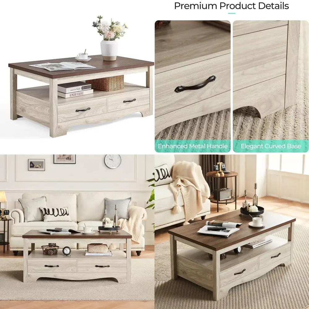 طاولة قهوة من خشب البلوط والبني الأنيق للمزرعة مع مساحة تخزين، وأثاث خشبي لغرفة المعيشة يتميز بشاشة عرض مفتوحة وأدراج، وقاعدة منحنية