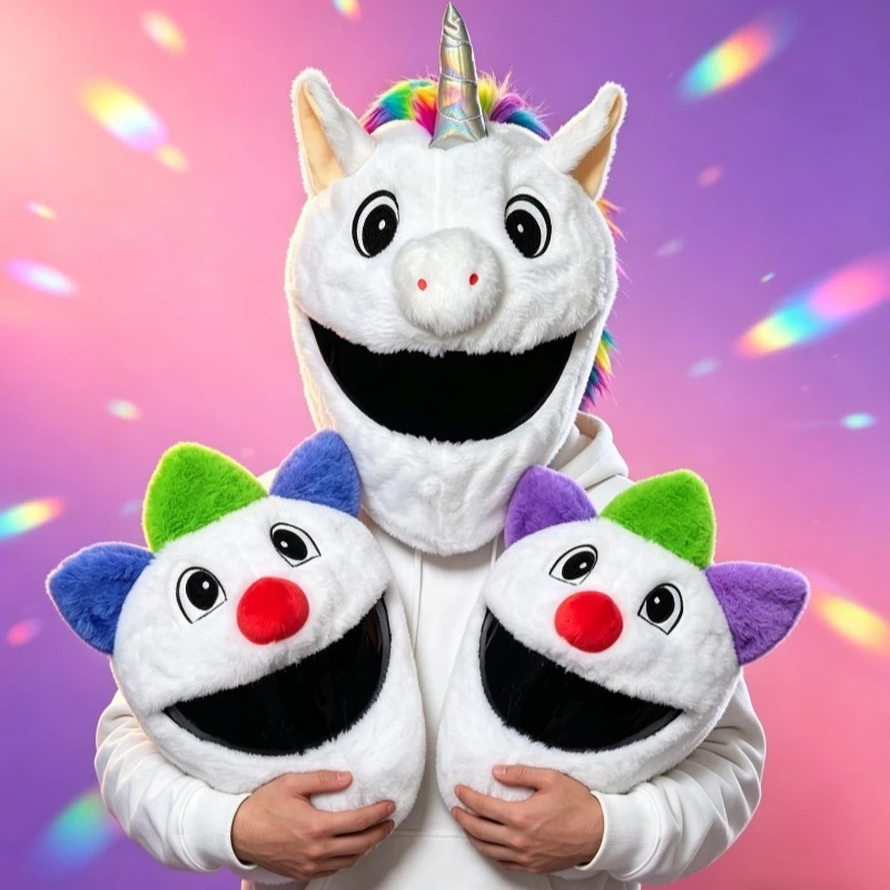 Motorcycle Full Face Helmet Cover Funny Unicorn Cartoon Plush Animal Design Dustproof Universal Fit Helmet Protector Moto Access