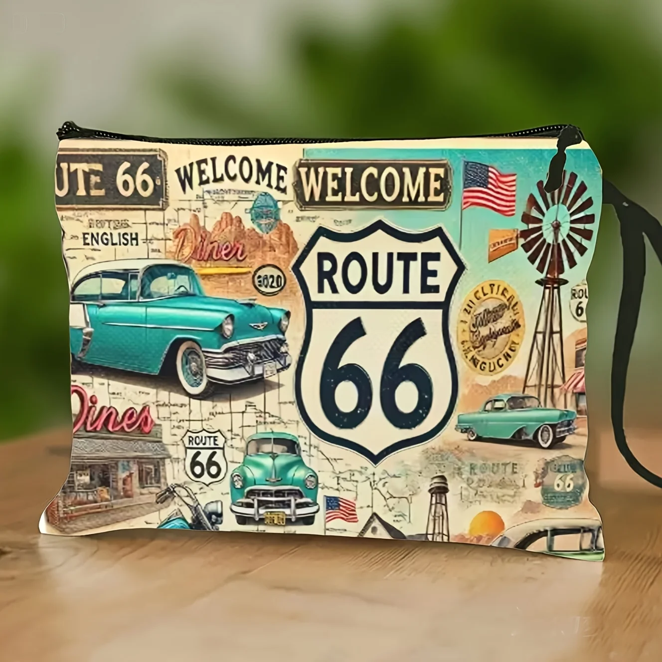 

Retro Route 66 Patterned Toiletry Bag Double-Sided Large Capacity Travel Makeup Bag for Women Summer Travel Gifs