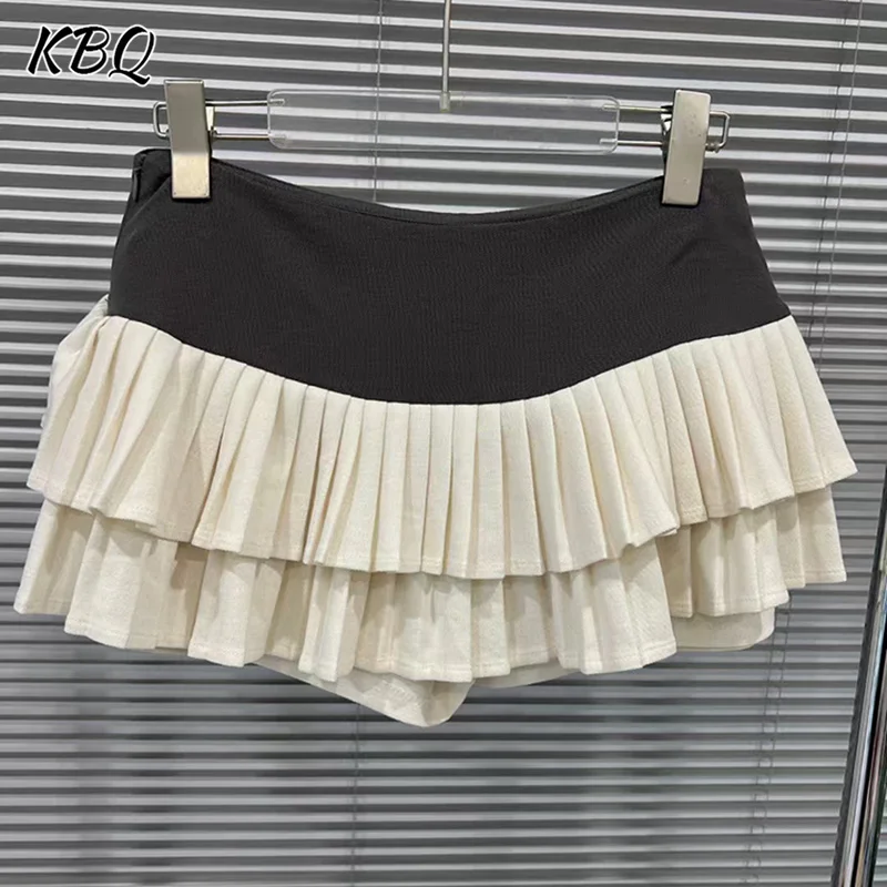 

KBQ Hit Color Slimming Elegant Mini Dresses For Women High Waist Spliced Folds Temperament Daily Party Short Skirt Female Style