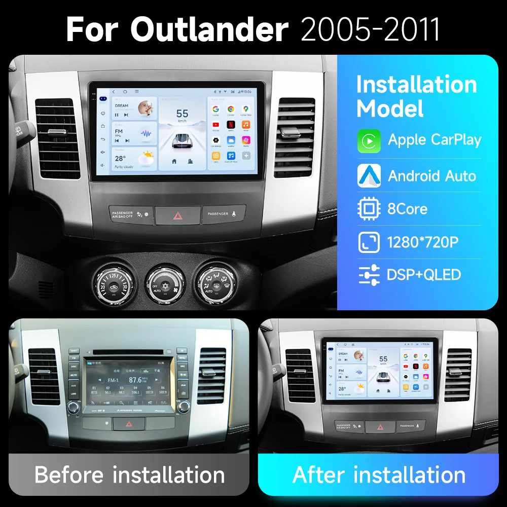 Bezprzewodowe Carplay Android Radio Samochodowe do Citroen C-Crosser Peugeot 4007 Mitsubishi Outlander 2 2005 - 2011 Kamera Cofania 7870 2din