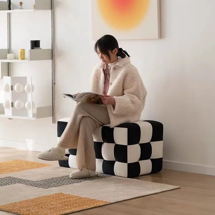 Household checkerboard pattern stool light luxury style dresser shoe change ottoman living room