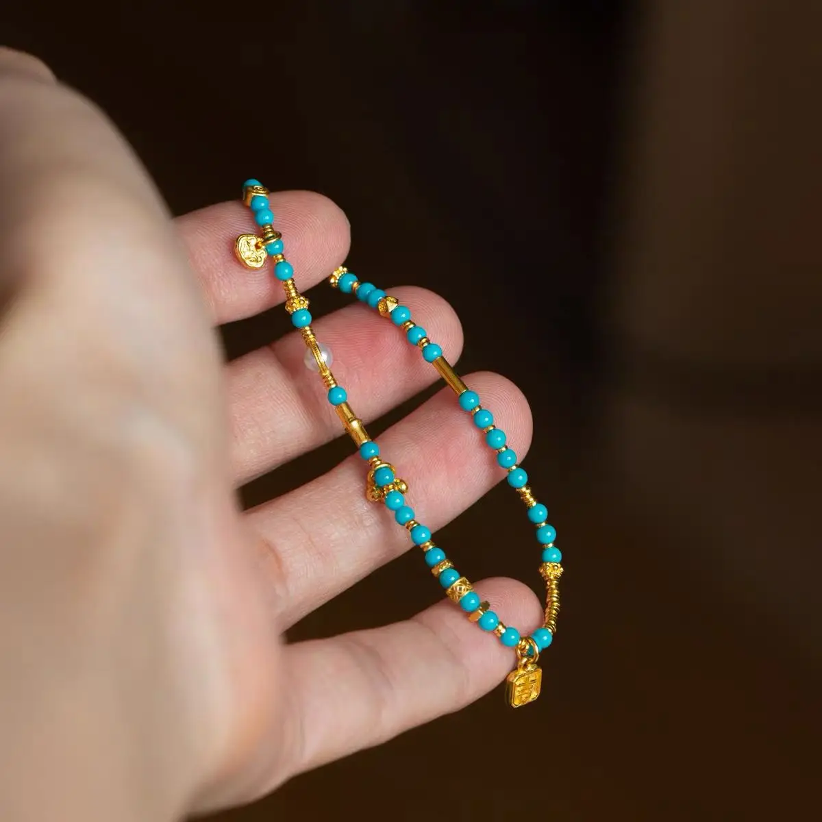 Ancient French Gold High Porcelain Blue Turquoise Gold Ring Bracelet Women's All-match Elegant All-match Wealth-making Bracelet