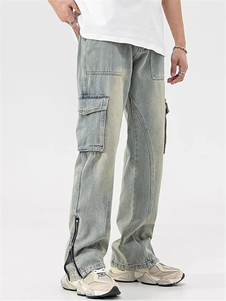 Modder Gele Jeans Voor Mannen Y 2K Effen Kleur Overalls Met Knopen Multi-Pocket Rits Om Oude Broek Los Te Maken A148