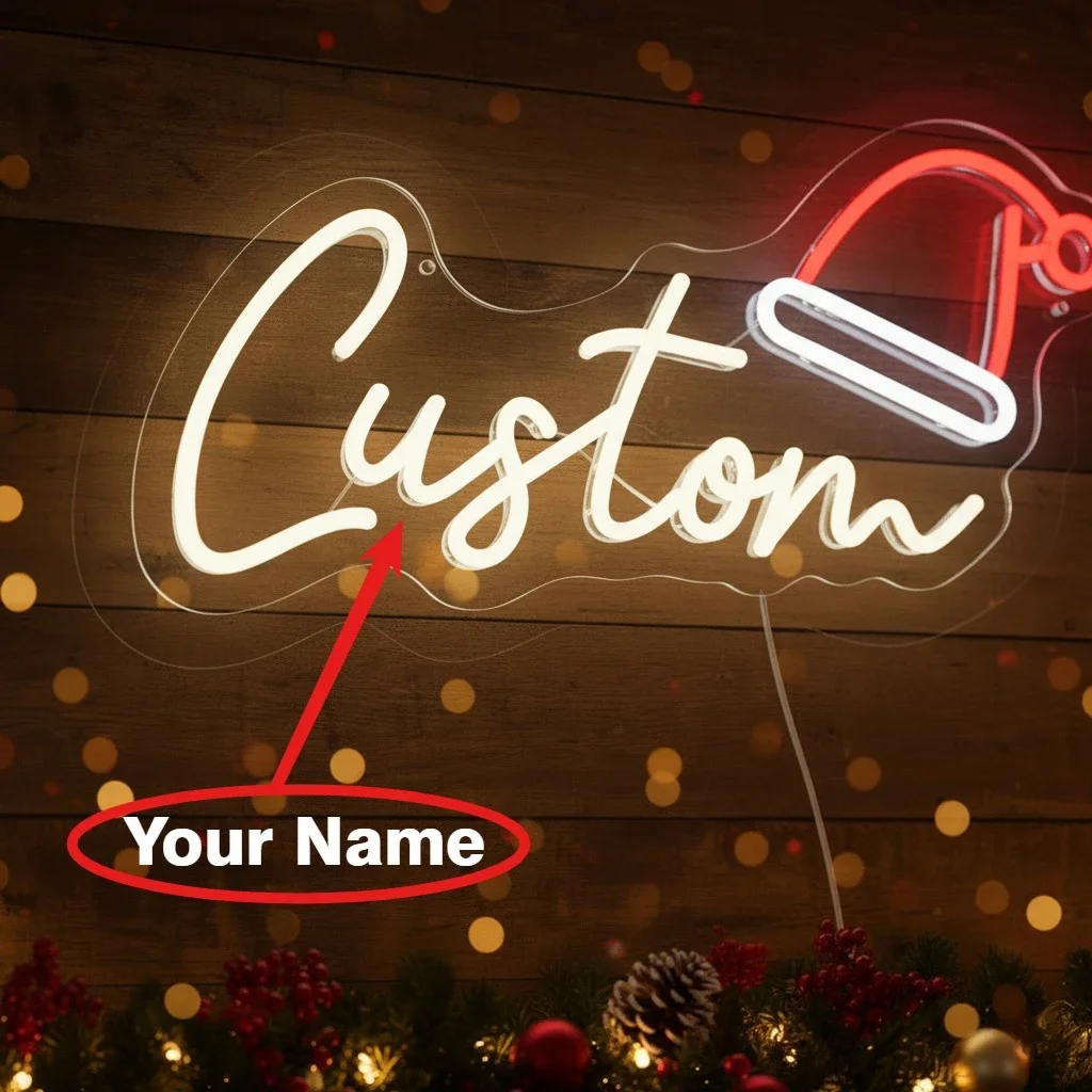 Custom Christmas Hat LED Neon Sign - Personalized Text/Name USB Brightness New Year Home Party Decor (No Battery, Easy Install)