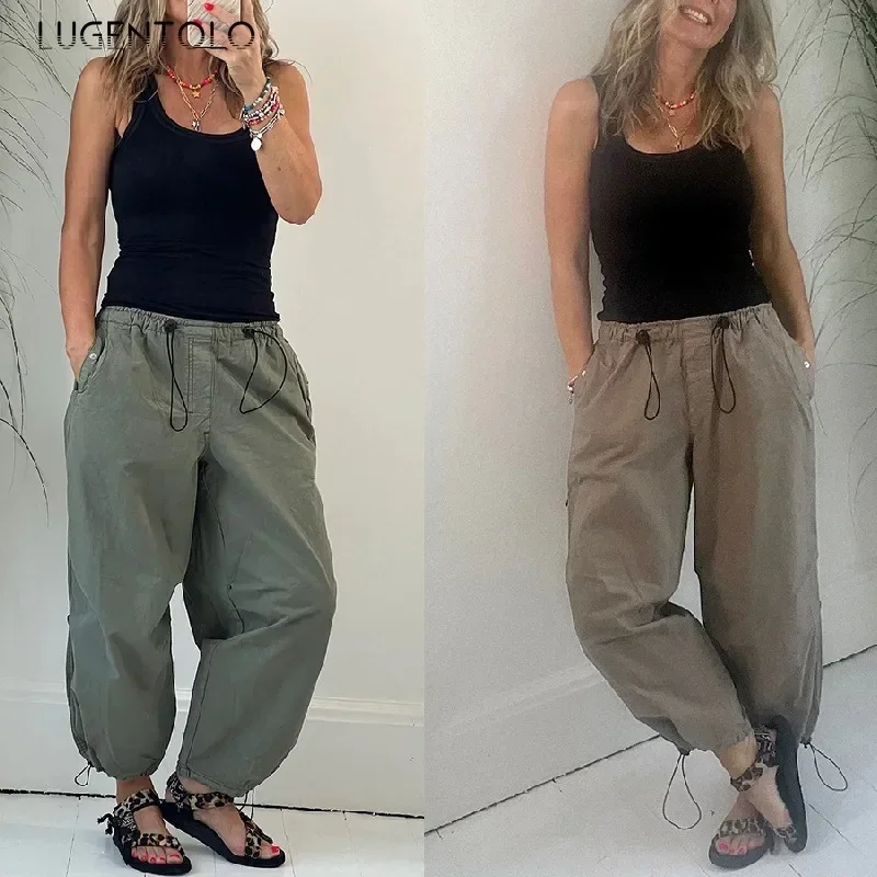 

Женские повседневные брюки на шнурке, однотонные карманы со средней талией, весна-лето, женская новая модная простая одежда с прямыми штанинами