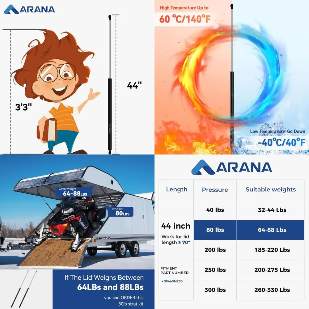Suportes a gás extra longos 44 resistentes para cargas de 80LB, soquete esférico de 13MM, pacote com 2, adequados para reboques de snowmobile e cama de caminhão Cov